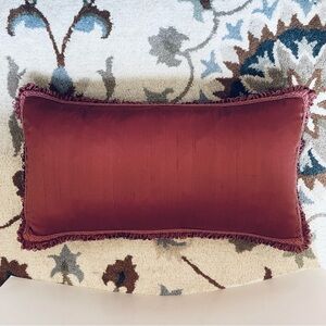 Feather & Down Oblong Silk Covered Decorative Throw Pillow in Deep Rust. EC